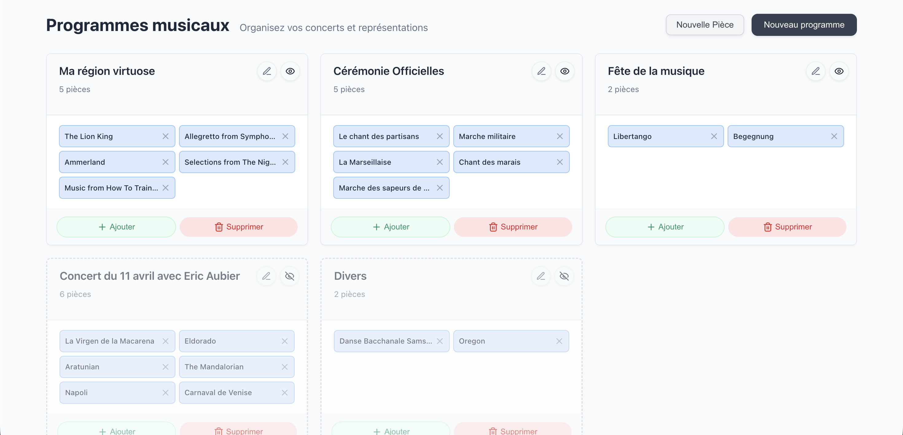 Interface de gestion des programmes musicaux - Création et organisation des saisons musicales